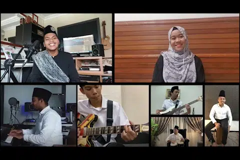 IMBAU KEGAMITAN LAGU RAYA: Anggota Alunan Serambi Kasih: (Gambar, atas dari kiri) Muhammad Arshad Ahad, penyanyi; Nadia Natasha, penyanyi; (bawah dari kiri) Mohamed Akhtar Abdul Salam, pemain keyboard; Syaamil Khan Surattee Faizal Khan Surattee, pemain gitar; Muhammad Hazim Didie Irwandy, pemain bas; Alif Hakim Majuhori, gendang; dan Mohammad Irfan Mohd Yahzid, gendangist. - Foto AFIRA NAQILLA