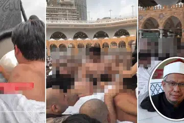 Tangkap layar rakaman video tular yang menunjukkan seorang pempengaruh media sosial terpaksa bersesak dan menarik kumpulan jemaah terdiri kakitangannya untuk mencium Hajar Aswad. Dr Zulkifli (Gambar kecil)
