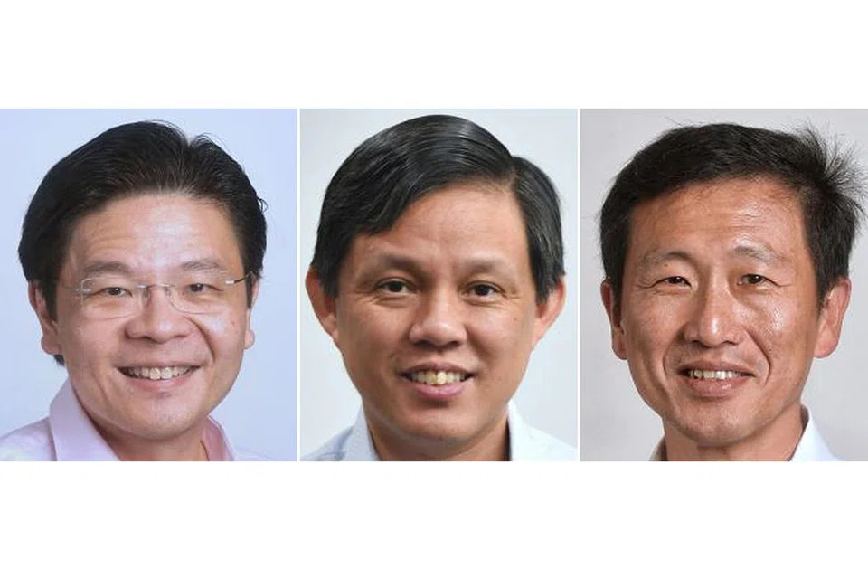 PERANAN BARU: Rombakan yang diumumkan PM Lee memperlihatkan pertukaran tugas menteri di beberapa kementerian, umumnya melibatkan pemimpin generasi keempat (4G) termasuk (dari paling kiri) Encik Wong, Encik Chan dan Encik Ong supaya mereka cepat meraih pengalaman dalam kepimpinan politik negara.