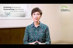 BUAT PENGUMUMAN: Menteri Tenaga Manusia Josephine Teo mengumumkan usaha Tiga Pihak membantu majikan menjaga kesejahteraan mental pekerja mereka. - Foto SIDANG WSH SINGAPURA 2020