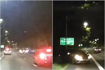 LANGGAR LARI: Pemandu teksi melanggar sebuah kereta dari belakang (gambar kiri) sehingga kereta tersebut tergelincir dan terpusing (gambar kanan). Pemandu teksi berkenaan kemudian memandu pergi. - Foto FACEBOOK/ SG ROAD VIGILANTE