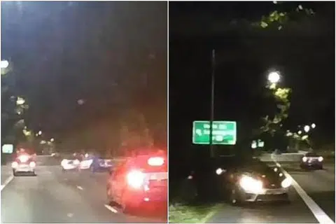 LANGGAR LARI: Pemandu teksi melanggar sebuah kereta dari belakang (gambar kiri) sehingga kereta tersebut tergelincir dan terpusing (gambar kanan). Pemandu teksi berkenaan kemudian memandu pergi. - Foto FACEBOOK/ SG ROAD VIGILANTE