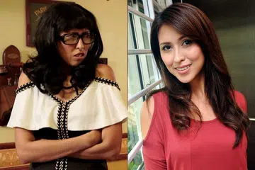 HANYA DI KACA TV: Pelakon Nurul Aini (kanan) serta watak dan wajah selenge sebagai Kathy (kiri) dalam siri drama Kathy Gerenti yang ditayangkan pada episod-episod awalnya. - Foto KHALID BABA, MEDIACORP