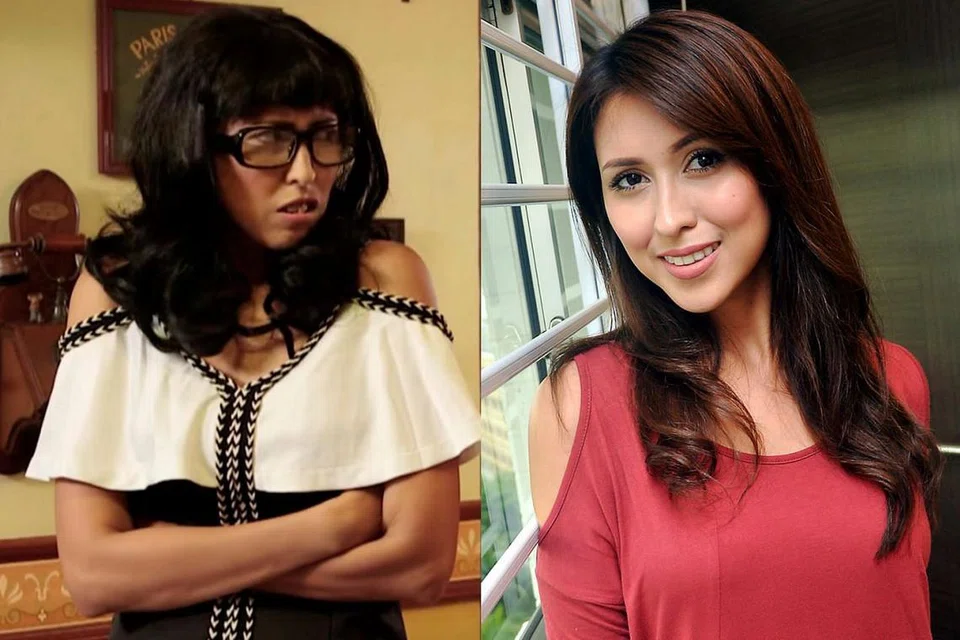 HANYA DI KACA TV: Pelakon Nurul Aini (kanan) serta watak dan wajah selenge sebagai Kathy (kiri) dalam siri drama Kathy Gerenti yang ditayangkan pada episod-episod awalnya. - Foto KHALID BABA, MEDIACORP