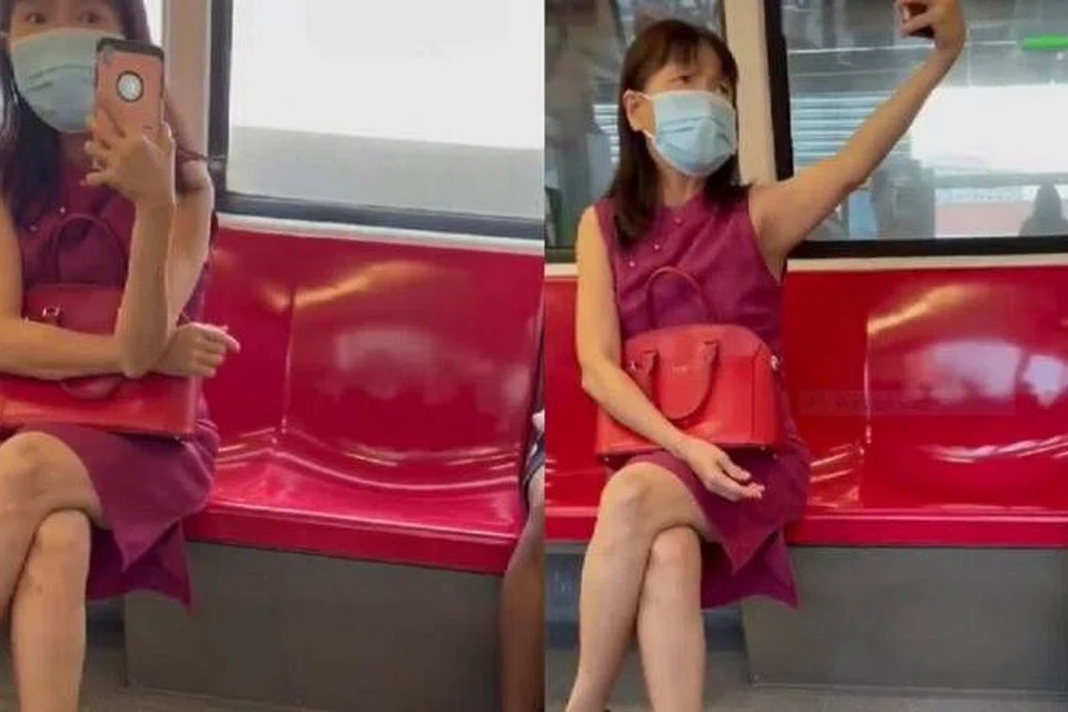 Tan Beow Hiong merakam video penumpang MRT lain sambil melontarkan komen-komen berbaur perkauman. - Foto tangkap layar RYAN KALMANI/TWITTER