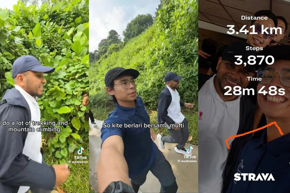 SANTAI BERSAMA MUFTI: Pegawai Pendekatan Masyarakat Digital dari Masjid Al-Istighfar, Encik Muhammad Hakim Roslee, serta Pegawai Agama Masjid (MRO) lain berlari bersama Mufti Dr Nazirudin Mohd Nasir sepanjang Kolam Air Lower Seletar semasa Rahat Dwitahunan MRO 2025 pada 9 Julai.