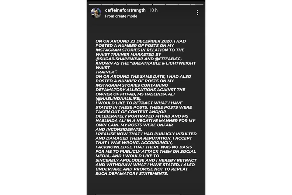 TUNTUT MINTA MAAF: Setelah Cik Haslinda Ali membuat tuntutan guaman, Encik Harris mengeluarkan sebuah pos di Instagram (atas) kelmarin, berkata pos yang dimuat naiknya sebelum ini adalah di luar konteks dan dengan/atau sengaja untuk memberi gambaran negatif terhadap FitFab dan Cik Haslinda bagi keuntungannya. - Foto HARRIS ISMAIL / INSTAGRAM