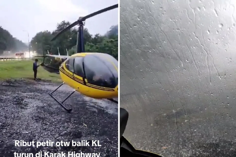 DEK CUACA: Seorang juruterbang terpaksa mendaratkan helikopternya di tepi lebuh raya Karak sekitar 5 petang, 9 Oktober 2023.
