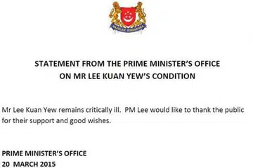 MASIH KRITIKAL: Kenyataan yang dikeluarkan sebentar tadi oleh Pejabat Perdana Menteri tentang keadaan Encik Lee Kuan Yew yang kini dirawat di Hospital Besar Singapura. - Foto