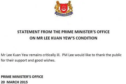 MASIH KRITIKAL: Kenyataan yang dikeluarkan sebentar tadi oleh Pejabat Perdana Menteri tentang keadaan Encik Lee Kuan Yew yang kini dirawat di Hospital Besar Singapura. - Foto