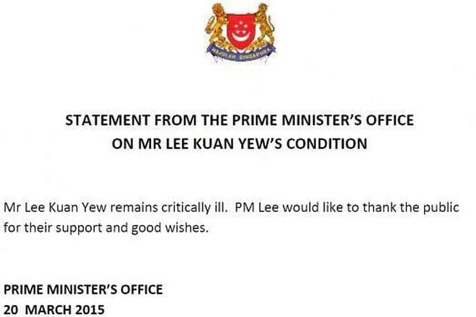 MASIH KRITIKAL: Kenyataan yang dikeluarkan sebentar tadi oleh Pejabat Perdana Menteri tentang keadaan Encik Lee Kuan Yew yang kini dirawat di Hospital Besar Singapura. - Foto