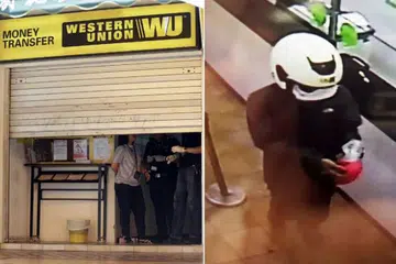GUNAKAN PISAU UNTUK ROMPAK: Suspek perompak (kanan) di Western Union cawangan Ubi di Ubi Avenue 1 (kiri) semalam, yang bersenjatakan pisau, memaksa pekerja di situ menyerahkan lebih $2,000 kepada nya. - Foto PASUKAN POLIS SINGAPURA