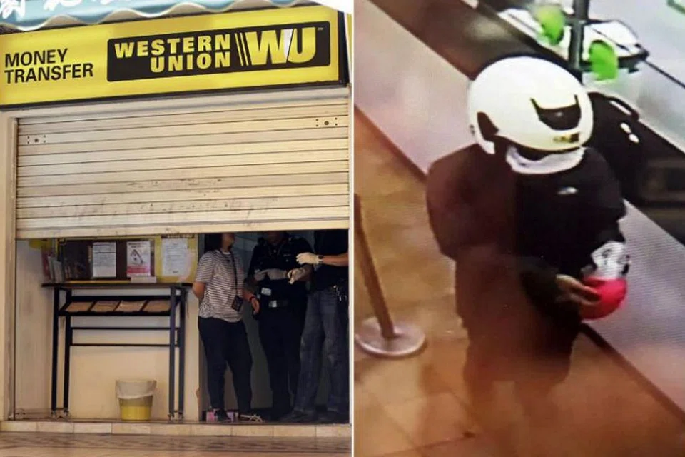 GUNAKAN PISAU UNTUK ROMPAK: Suspek perompak (kanan) di Western Union cawangan Ubi di Ubi Avenue 1 (kiri) semalam, yang bersenjatakan pisau, memaksa pekerja di situ menyerahkan lebih $2,000 kepada nya. - Foto PASUKAN POLIS SINGAPURA
