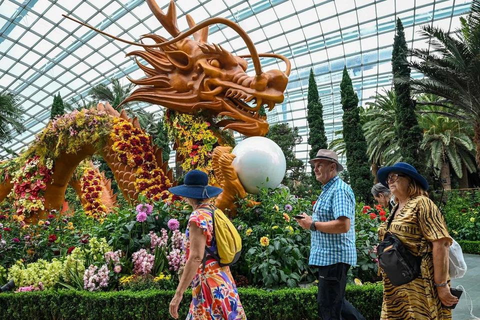 Para pengunjung ke Flower Dome di Gardens by the Bay, menikmati suasana pameran arca naga dan bunga berwarna-warni yang bersesuaian dengan Tahun baru Cina yang bakal menjelang.
