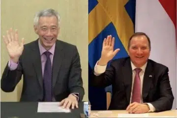 JALINAN DUA NEGARA: Perdana Menteri, Encik Lee Hsien Loong (kiri) dan Perdana Menteri Sweden, Encik Stefan Löfven berbincang berhubung isu sejagat dan kerjasama dua hala kedua-dua negara pada masa depan. - Foto FACEBOOK LEE HSIEN LOONG