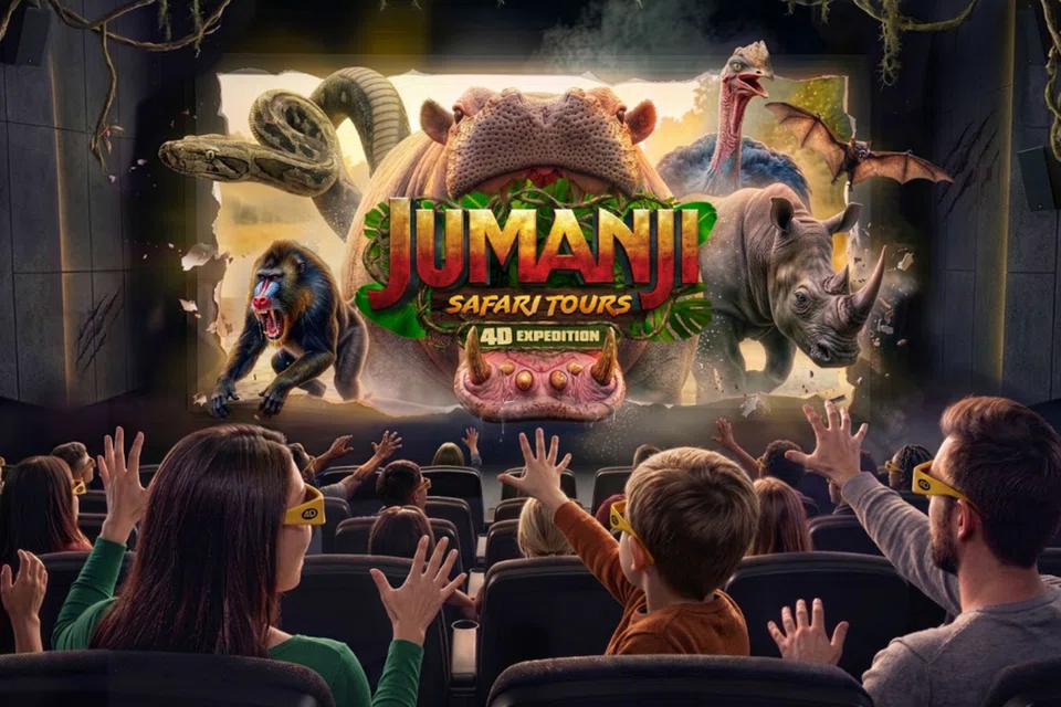Mereka yang menonton Jumanji: Safari Tours Ekspedisi 4D, akan merasakan tiupan angin dan semburan air sebagai sebahagian pengalaman.
