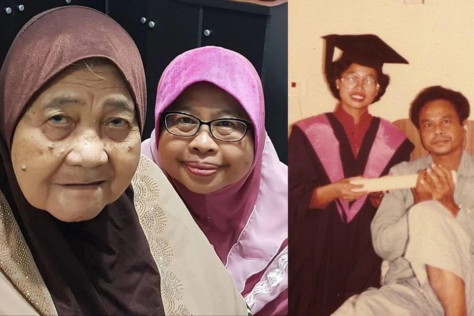 BERSAMA AYAH DAN IBU: Profesor Hadijah mengenang jasa dan susah payah bapanya, Haji Rahmat Riffin, yang ketika beliau mendapat ijazah dirawat di hospital kerana penyakit gout dan ibunya, Hajah Maimon Abdul Karim. - Foto ihsan HADIJAH RAHMAT