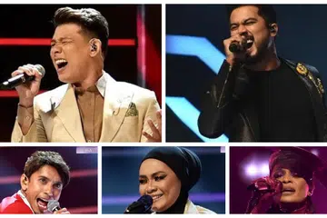 BINTANG MENYINAR: Sedang peserta asal Singapura, Hady Mirza (atas, kiri) di tempat kelima, Aliff Aziz (atas, kanan) pula di tempat kelapan. Tiga peserta All Stars GV di tangga pertama hingga ketiga dalam konsert minggu pertama pada Ahad adalah Naqiu, Liza Hanim dan Jaclyn Victor.