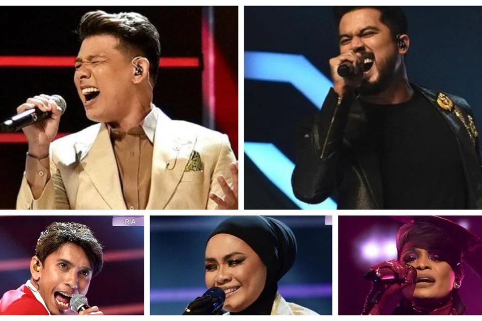 BINTANG MENYINAR: Sedang peserta asal Singapura, Hady Mirza (atas, kiri) di tempat kelima, Aliff Aziz (atas, kanan) pula di tempat kelapan. Tiga peserta All Stars GV di tangga pertama hingga ketiga dalam konsert minggu pertama pada Ahad adalah Naqiu, Liza Hanim dan Jaclyn Victor.