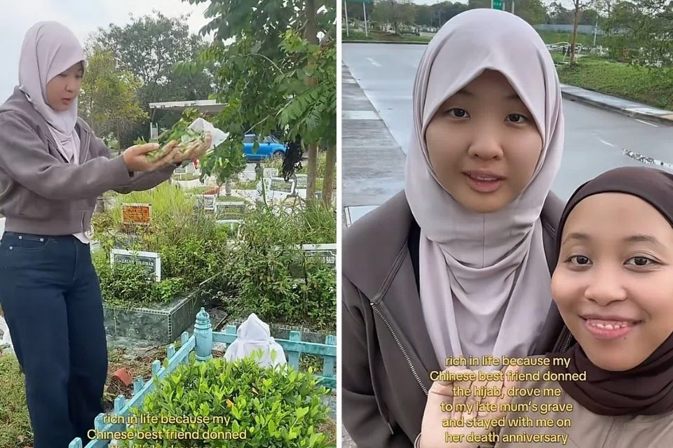 Ketika Cik A’fifah melalui tempoh sukar selepas kehilangan ibunya, Cik Eunice terus berada di sisinya, termasuk menemaninya menziarahi pusara arwah ibunya (gambar kiri) baru-baru ini.