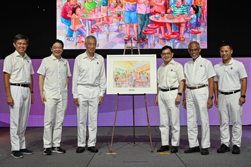 Beberapa penjawat kanan Parti Tindakan Rakyat (PAP) - (dari kiri) Penolong Setiausaha Agung, Encik Chan Chun Sing; Timbalan Setiausaha Agung, Encik Lawrence Wong; Setiausaha Agung, Encik Lee Hsien Loong; Pengerusi, Encik Heng Swee Keat; Naib Pengerusi, Encik Masagos Zulkifli Masagos Mohamad; dan Penolong Setiausaha Agung, Encik Desmond Lee, bergambar bersama lukisan yang diberi kepada Encik Lee sebagai tanda penghargaan bagi sumbangannya selaku pemimpin parti itu. 