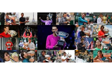 21 'GRAND SLAM' BAGI NADAL: Gabungan foto-foto memaparkan Rafael Nadal dengan piala-piala kejohanan 'Grand Slam' yang dimenangi. - Foto REUTERS