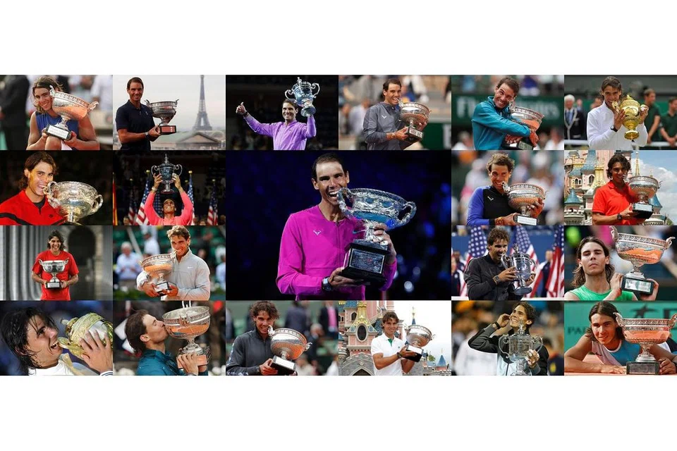 21 'GRAND SLAM' BAGI NADAL: Gabungan foto-foto memaparkan Rafael Nadal dengan piala-piala kejohanan 'Grand Slam' yang dimenangi. - Foto REUTERS