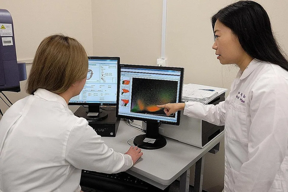 ANALISIS DATA: Penolong Penyelidik Cik Florence Chioh (kiri) dan Penolong Profesor Cik Christine Cheung menganalisis data sampel darah oleh 30 pesakit yang telah pulih daripada jangkitan Covid-19 selama sebulan. - Foto NTU