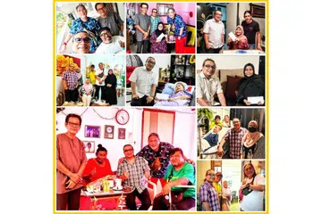 PRIHATIN MASYARAKAT: Rencaman gambar menunjukkan Presiden Prihatin, Joe Jasmi (gambar kiri paling atas, berbaju kelabu) dan Timbalan Presiden Prihatin, Moliano Rasmad (kiri), bersama pelakon mapan, Keatar HM (dua dari kiri), menyampaikan sumbangan kepada 10 artis atau penggiat seni yang uzur dan berpenyakit kronik, atau kepada ahli keluarga mereka. - Foto PRIHATIN (PENGGIAT SENI MELAYU SINGAPURA)