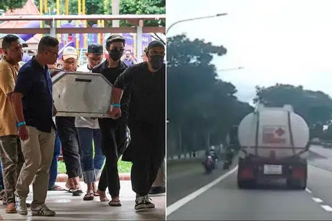 Jenazah Encik Zdulfika Ahakasah (kiri) tiba di blok rumahnya di Ang Mo Kio pada 5 Jun. Beliau maut setelah motosikal yang ditunggangnya merempuh pembahagi jalan ketika beliau mengejar seorang penunggang motosikal yang cuba melarikan diri pada 4 Jun.