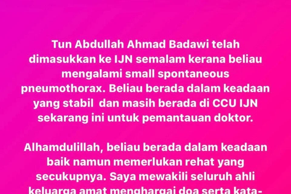 Tangkap layar Instagram story Encik Khairy Jamaluddin, mengenai keadaan kesihatan terkini bapa mentuanya, Tun Abdullah Ahmad Badawi, pada 25 April.