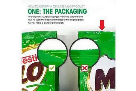 ASLI DAN TIRUAN: Pek Milo asli dibungkus dan dipotong mesin dengan bahagian atas bungkusan tersebut tidak mempunyai gerigi yang jelas atau sempurna. - Foto FACEBOOK MILO MALAYSIA