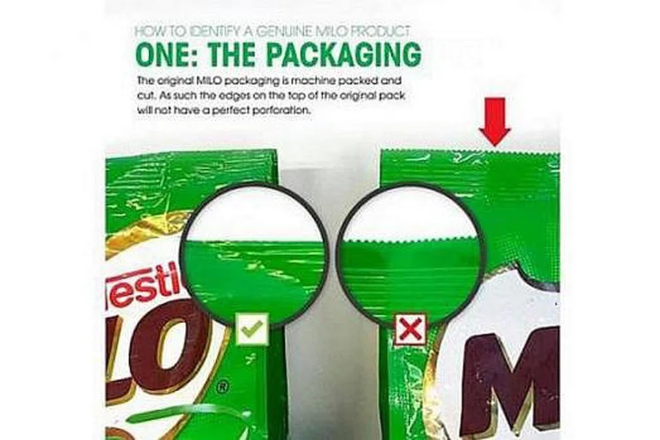 ASLI DAN TIRUAN: Pek Milo asli dibungkus dan dipotong mesin dengan bahagian atas bungkusan tersebut tidak mempunyai gerigi yang jelas atau sempurna. - Foto FACEBOOK MILO MALAYSIA