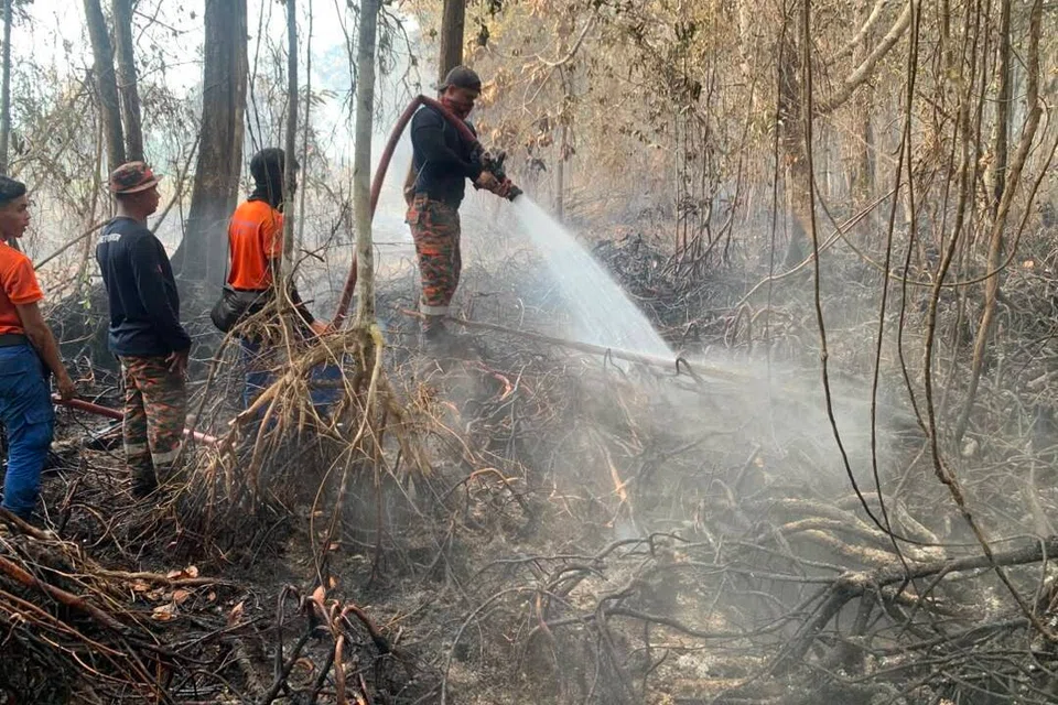 Pasukan pemadam Jabatan Bomba dan Penyelamat Malaysia (JBPM) Johor melakukan pemadam api bawah tanah bagi memastikan api tanah gambut tidak merebak.