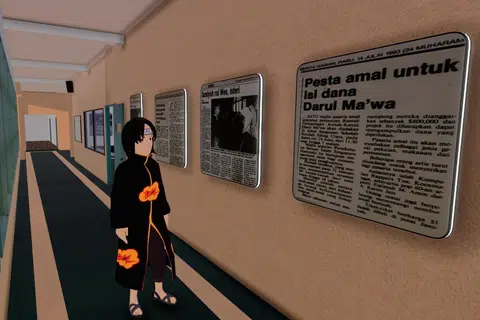 Ibarat sebuah galeri di muzium, para pengunjung boleh mempelajari lebih mendalam tentang sejarah Darul Ma’wa melalui petikan artikel lama Berita Harian diletakkan Encik Fadli Sidek apabila mereka melawat bangunan maya itu di platform Decentraland.