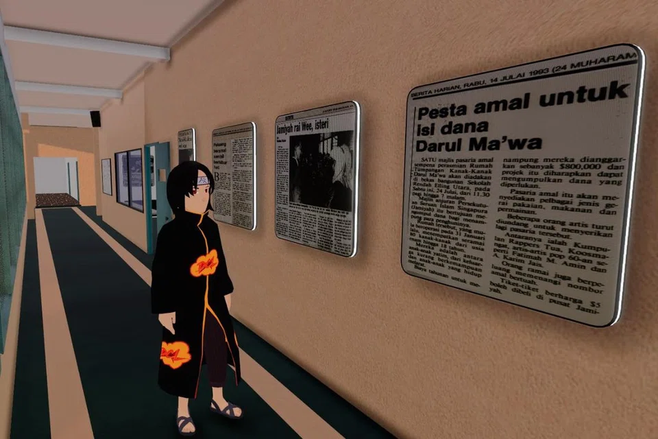Ibarat sebuah galeri di muzium, para pengunjung boleh mempelajari lebih mendalam tentang sejarah Darul Ma’wa melalui petikan artikel lama Berita Harian diletakkan Encik Fadli Sidek apabila mereka melawat bangunan maya itu di platform Decentraland.