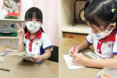 DAPAT MANFAAT: Murid prasekolah Yayasan Masyarakat PAP (PCF) memakai pelitup daripada fabrik dan mewarna poskad untuk kakitangan dan penghuni Orange Valley. - Foto ORANGE VALLEY NURSING HOMES