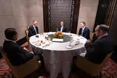 Menteri Pertahanan, Encik Chan Chun Sing (tengah), bertemu menteri dan ketua pertahanan dalam mesyuarat sarapan pagi di luar acara Dialog Shangri-La  pada 31 Mei. Bersama beliau adalah (dari kiri) Menteri Pertahanan Malaysia, Datuk Seri Mohamed Khaled Nordin; Timbalan Perdana Menteri Australia yang juga Menteri Pertahanan, Encik Richard Marles; Menteri Pertahanan New Zealand, Encik Chris Penk; dan Ketua Pengarah (Dasar Keselamatan) Britain, Encik Paul Wyatt.