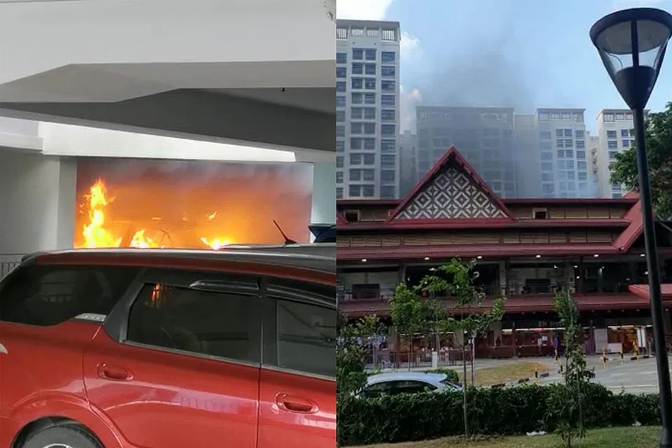 DIJILAT API: Kereta di tempat letak kenderaan dekat pasar dan pusat makanan Geylang Serai dijilat api kelmarin. (Gambar kanan) Asap dapat dilihat dari luar Pasar Geylang Serai. - Foto-foto FACEBOOK ANUWAR KODORI