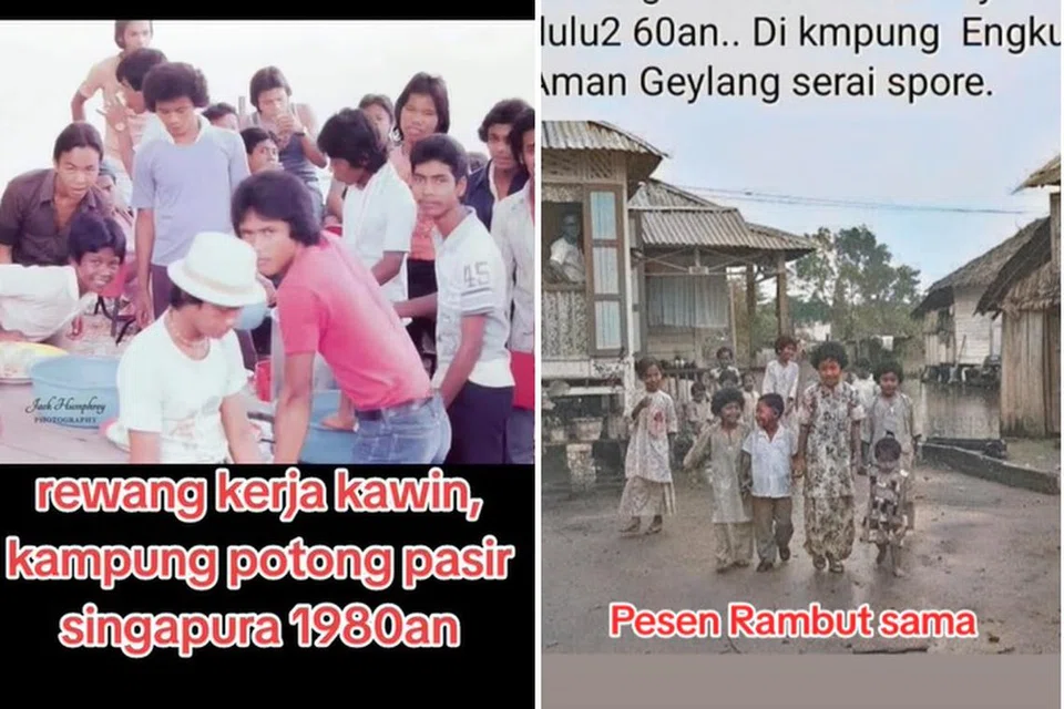 KENANGAN NOSTALGIA: Gambar rewang kerja majlis walimah di kampung Potong Pasir pada tahun 1980-an dan gambar suasana hari raya di Kampung Engku Aman Geylang Serai pada tahun 1960-an.