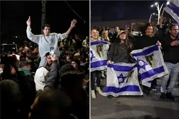 Penduduk meraikan di Ramallah yang terletak di Tebing Barat yang diduduki Israel (kiri) dan di Ramat Gan berhampiran Tel Aviv.