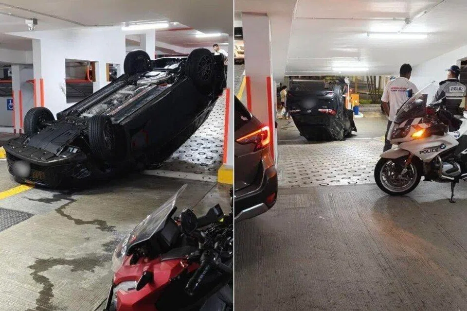 Sebuah kereta hitam dipercayai terbabas lalu terbalik di sebuah tempat letak kereta bertingkat di Woodlands pada petang 2 Jun.