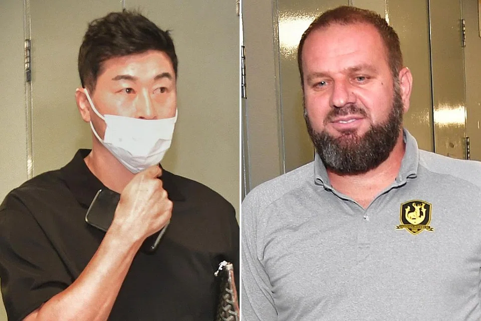 DIKENAKAN HUKUMAN: Kim Do-hoon (kiri) dan Mustafic Fahrudin masing-masing telah didenda dan digantung tiga perlawanan kerana berkelahi di akhir perlawanan pasukan masing-masing pada 24 Julai. - Foto-foto BH oleh DESMOND WEE