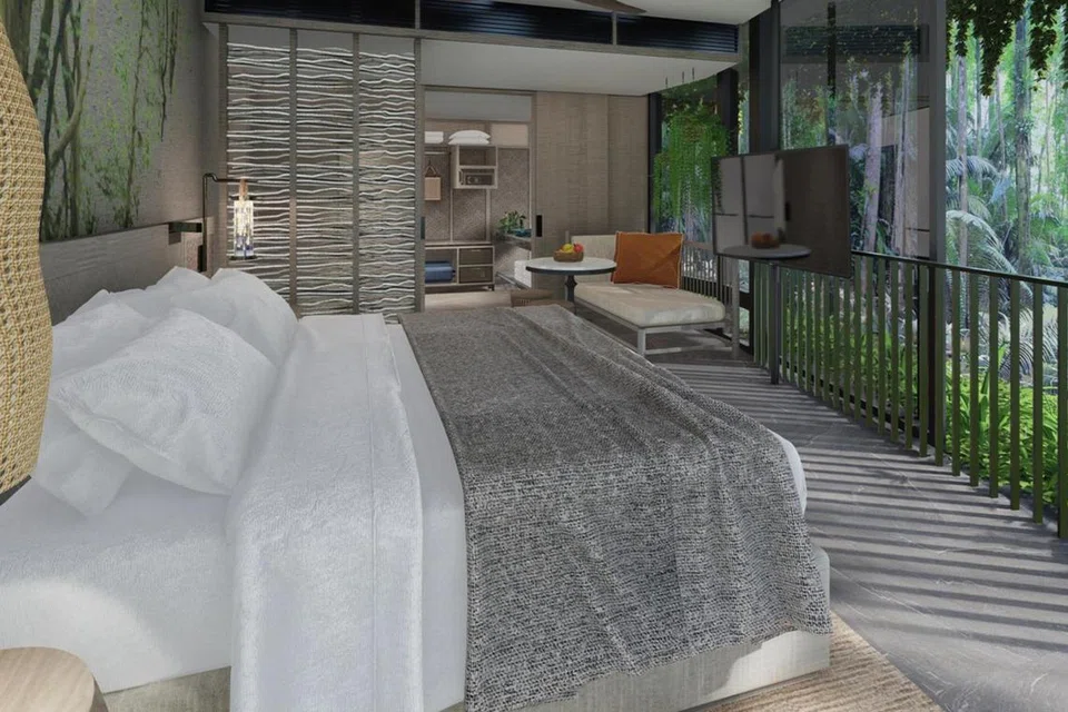 ‘Suite’ satu bilik tidur dilengkapi dengan katil bersaiz ‘King’ serta ruang tamu yang menawarkan pemandangan taman dan kolam air. 