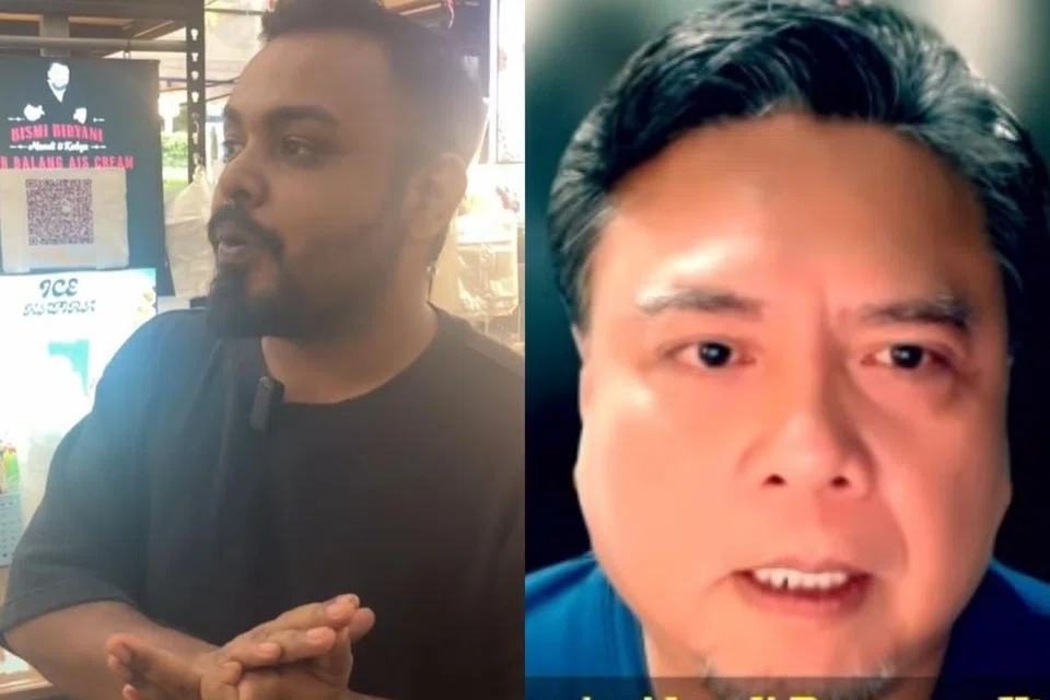 Pemilik gerai Air Sizzlers by BismiBiryani, Encik Sheik Mohammad (kiri), dalam satu hantaran video pada 19 Mac, mendakwa pelawak setempat, Encik Suhaimi Yusof (kanan) antara lain telah memotong barisan beratur dan mengherdik beberapa kakitangannya yang bertatu ketika mengunjungi gerainya.