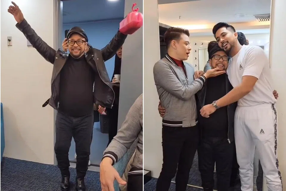 MESRA DENGAN RAKAN SENI: Ayai Illusi kelihatan dipeluk peserta All Stars Gegar Veganza, Hady Mirza dan Aliff Aziz.