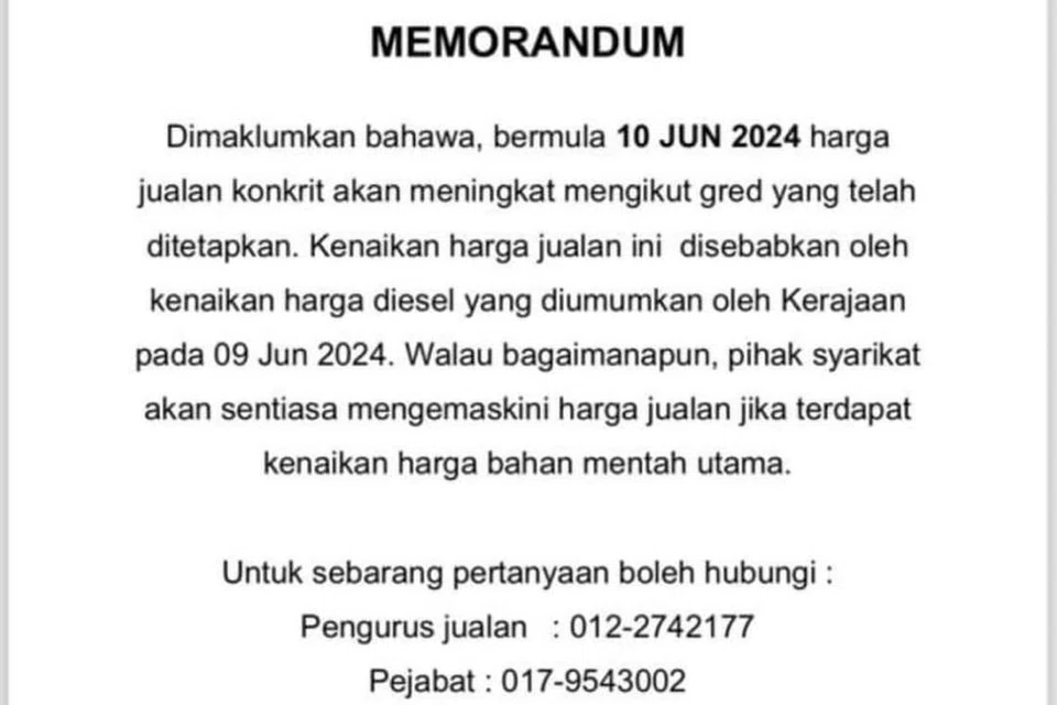 Memorandum oleh sebuah syarikat yang memaklumkan kenaikan harga konkrit susulan kenaikan harga diesel tular di media sosial.