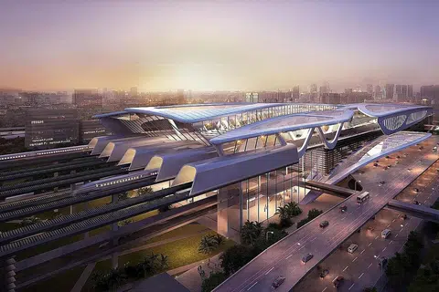 REKAAN MENGAGUMKAN: Stesen Bandar Malaysia merupakan stesen pertama yang menjadi mercu tanda bagi HSR KL-S'pura, yang bertindak sebagai 'pintu pelepasan' untuk mereka yang datang ke negara itu. Stesen Bandar Malaysia ini direka menurut pengaruh geometri yang diilhamkan daripada pertembungan Sungai Gombak dan Sungai Klang. Menyusuli peralihan pentadbiran kerajaan, projek ini telah dibatalkan. - Foto EDELMAN