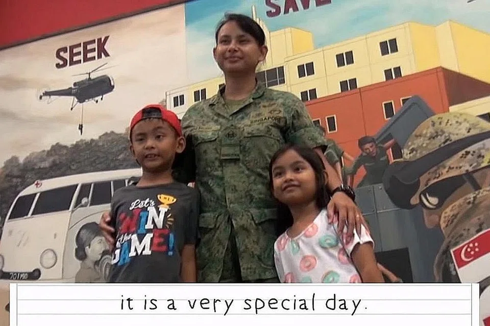 IBU ASKAR: ME2 Salizah bersama anak-anaknya, Abbas dan Sarah, dalam video 'My Mother, My Soldier'. Video itu mengenai pengalaman anak-anaknya yang mengalami kehidupan seharian ibu mereka di kem. - Foto SAF