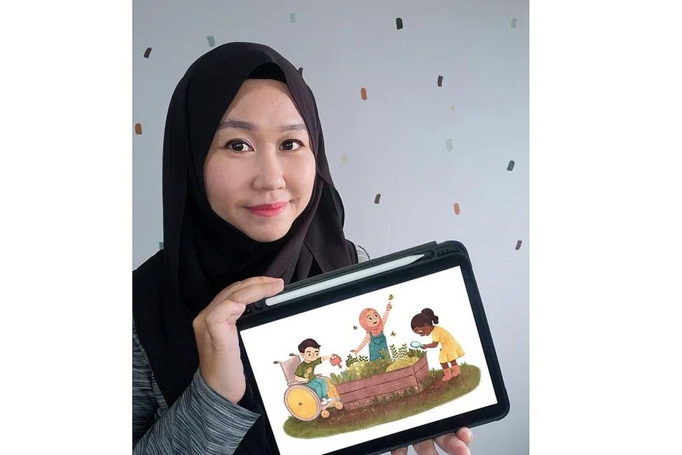 INSPIRASI DARI TAMAN TERBARU DI BUKIT GOMBAK: Cik Rahimah Ramlan dan lukisannya bertajuk 'Di Taman Peruntukan'. - Foto-foto ihsan RAHIMAH RAMLAN 